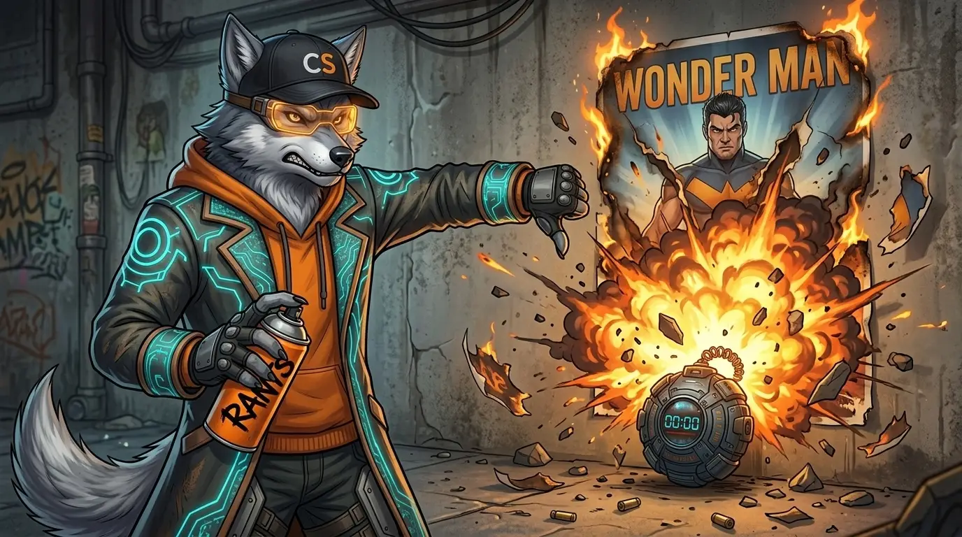 A detailed 3D render from a side profile of Cipher, a textured grey and white anthropomorphic werewolf with orange HUD shades, a black Cinesist 'CS' baseball cap, and a long hacker trench coat with glowing cyan circuitry. He stands in a grimy, dilapidated urban alleyway, giving a distinct thumbs-down gesture. His left hand, with a sharp claw, holds a silver spray-paint can clearly labeled 'RANTS' with standard Cinesist iconography. He is looking back over his shoulder with a cynical, satisfied smirk. To his right, an armor-plated bunker buster logic bomb has already detonated at the exact moment of impact on a defaced and crumbling "WONDER MAN" movie poster.