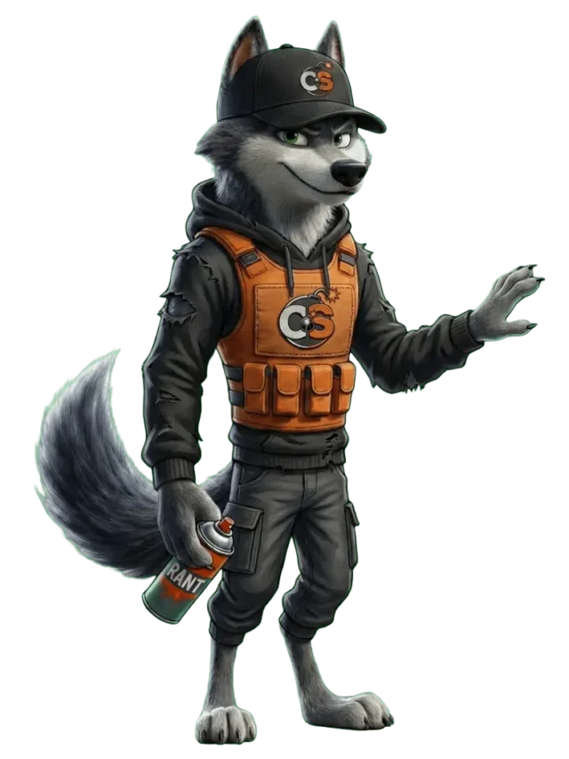 Cipher is reaching out for the next spot to spray paint with a Rant. He is showing you a very mischeivious grin