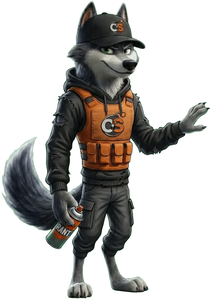 Cipher is reaching out for the next spot to spray paint with a Rant. He is showing you a very mischeivious grin.