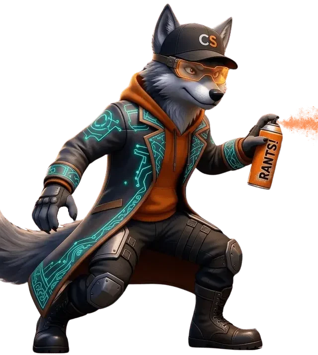 Cipher actively spray-painting a surface with an orange can thats labeled "RANTS!"