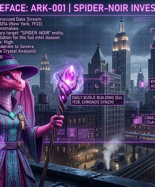 A high-end 3D-animated digital illustration of Arkahna the dragon sorceress in her cyber-gilded robes and wizard hat. She stands in a 1930s New York City environment, holding her crystal-topped Staff of Time. A large purple holographic HUD (Head-Up Display) overlay titled "INTEL PREFACE: ARK-001 | SPIDER-NOIR INVESTIGATION" highlights various landmarks like the Daily Bugle and Oscorp Bio-Research Tower with technical scan data.