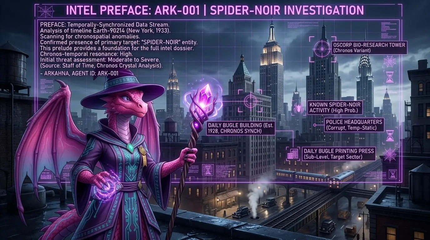 A high-end 3D-animated digital illustration of Arkahna the dragon sorceress in her cyber-gilded robes and wizard hat. She stands in a 1930s New York City environment, holding her crystal-topped Staff of Time. A large purple holographic HUD (Head-Up Display) overlay titled "INTEL PREFACE: ARK-001 | SPIDER-NOIR INVESTIGATION" highlights various landmarks like the Daily Bugle and Oscorp Bio-Research Tower with technical scan data.