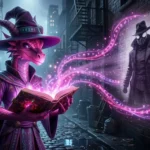 Arkahna, a 3D animated pink and purple dragon sorceress wearing a weathered wizard hat and robes, stands in a rainy, monochromatic 1930s NYC alleyway. She holds her glowing Tome of Knowledge and casts a spell, projecting a mystical, monochromatic image of Nicolas Cage as Spider-Noir (with fedora and suit) onto a brick wall. The perspective is wide and cinematic.