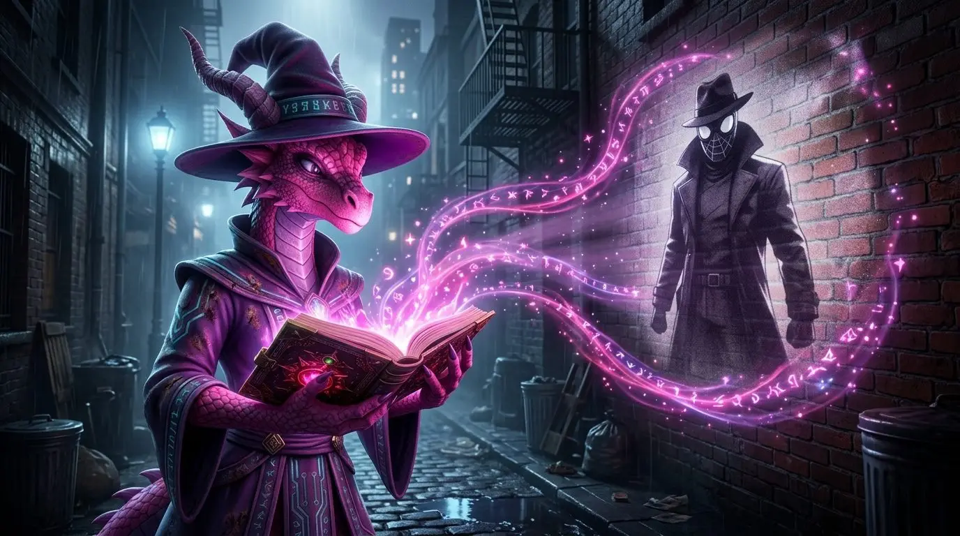 Arkahna, a 3D animated pink and purple dragon sorceress wearing a weathered wizard hat and robes, stands in a rainy, monochromatic 1930s NYC alleyway. She holds her glowing Tome of Knowledge and casts a spell, projecting a mystical, monochromatic image of Nicolas Cage as Spider-Noir (with fedora and suit) onto a brick wall. The perspective is wide and cinematic.