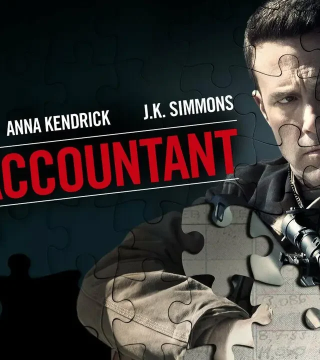 Ben Affleck as Christian Wolff in The Accountant, looking intense and focused, likely mid-calculation or confrontation. Puzzle pieces make up the image.