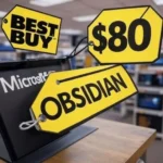 Yellow price tags in a store display, showing 'BEST BUY', '$80', and 'OBSIDIAN', with 'Microsoft' branding visible in the background, symbolizing high video game prices.