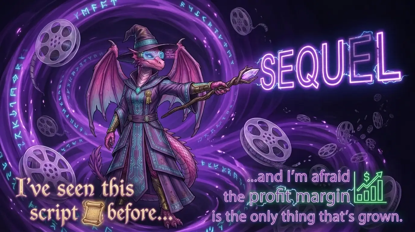 Arkahna stands in the center of a swirling, semi-transparent purple vortex. Floating around her are semi-translucent 3D film reels that splinter into smaller, dimmer versions of themselves. She is holding her Staff of Time, which is pointing toward a glowing, digital projection of the word "SEQUEL" that is flickering like a failing neon sign.