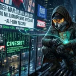 Cipher from Cinesist standing on a fire escape glitching a neon city billboard celebrating the Spider-Man Brand New Day box office record.