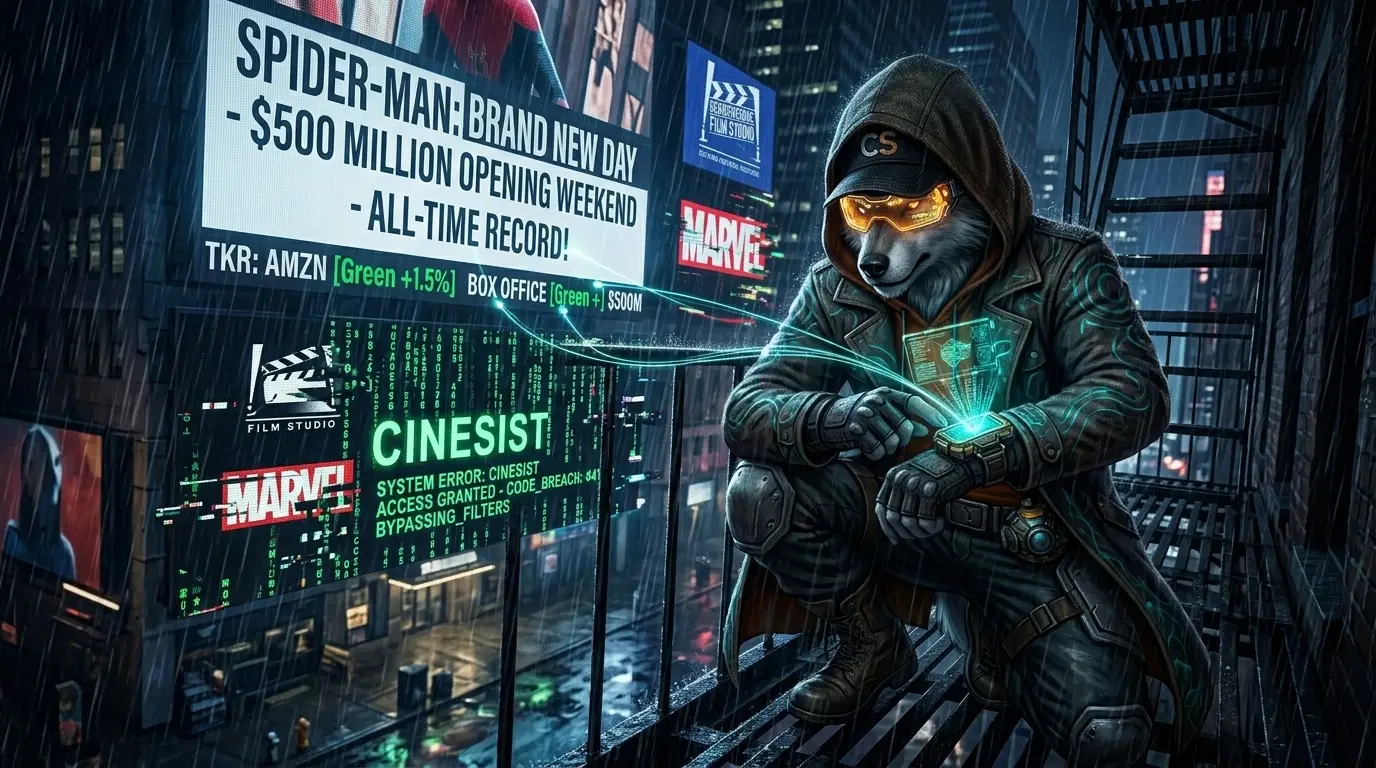 Cipher from Cinesist standing on a fire escape glitching a neon city billboard celebrating the Spider-Man Brand New Day box office record.